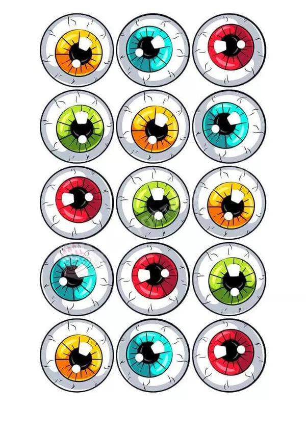 Muffinaufleger Motiv: Halloween Bunte Augen - Deintortenbild.de Tortenaufleger aus Esspapier: Oblatenpapier / 15 Stück x 5cm, Oblatenpapier / 24 Stück x 4cm, Zuckerpapier / 15 Stück x 5cm, Zuckerpapier / 24 Stück x 4cm, Fondantpapier / 15 Stück x 5cm, Fondantpapier / 24 Stück x 4cm