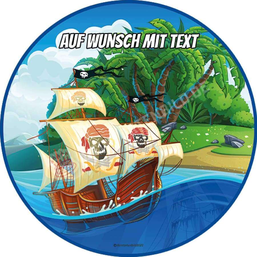 Motiv: Piratenschiff vor Insel - Hochwertige und individuelle Tortenaufleger für jeden Anlass
Tortenaufleger Piratenschiff vor Insel in 20cm Kreis
Unsere Tortenaufleger sind ein ideales Geschenk fü - Tortenbild - DeintortenbildPiratenschiff vor Insel