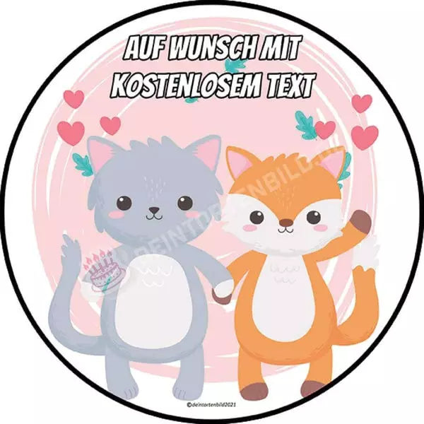 Motiv: Valentinstag - Katze und Fuchs - Hochwertige und individuelle Tortenaufleger für jeden Anlass
Tortenaufleger Valentinstag - Katze und Fuchs in 20cm Kreis
Unsere Tortenaufleger sind ein ideales Gesc - Tortenbild - DeintortenbildValentinstag - Katze und Fuchs
