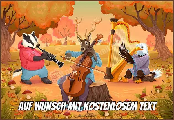 Rechteck Motiv: Tierkonzert im Wald - Hochwertige und individuelle Tortenaufleger für jeden Anlass
Tortenaufleger Tierkonzert im Wald in 26cm x 18cm Rechteck
Unsere Tortenaufleger sind ein ideales Gesche - A4 Tortenbild - DeintortenbildTierkonzert im Wald