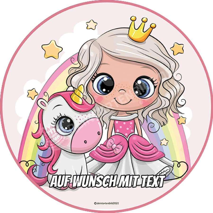 Motiv: Prinzessin mit Regenbogen und Einhorn - Hochwertige und individuelle Tortenaufleger für jeden Anlass
Tortenaufleger Prinzessin mit Regenbogen in 20cm Kreis
Unsere Tortenaufleger sind ein ideales Geschenk - Tortenbild - DeintortenbildPrinzessin mit Regenbogen und Einhorn