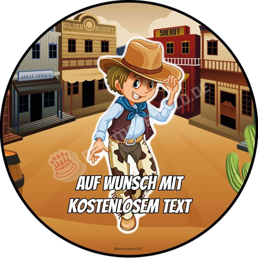 Motiv: Cartoon Cowboy stehendHochwertige und individuelle Tortenaufleger für jeden Anlass
Tortenaufleger Cartoon Cowboy stehend in 20cm Kreis
Unsere Tortenaufleger sind ein ideales Geschenk fürTortenbildDeintortenbildCartoon Cowboy stehend