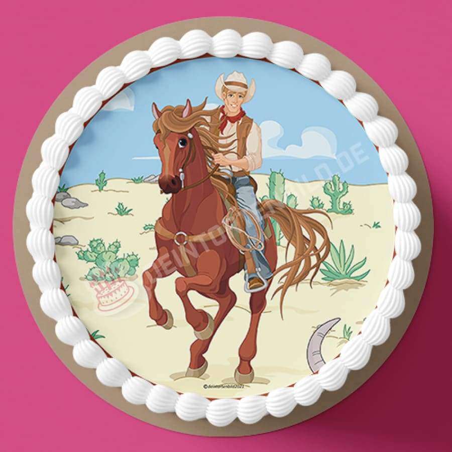Motiv: Cowboy reitend - Hochwertige und individuelle Tortenaufleger für jeden Anlass
Tortenaufleger Cowboy reitend in 20cm Kreis
Unsere Tortenaufleger sind ein ideales Geschenk für besonde - Tortenbild - DeintortenbildCowboy reitend