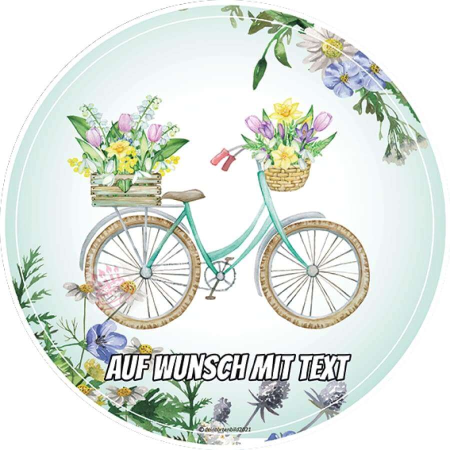 Motiv: Elegantes Fahrrad mit Blumen - Hochwertige und individuelle Tortenaufleger für jeden Anlass
Tortenaufleger Elegantes Fahrrad mit Blumen in 20cm Kreis
Unsere Tortenaufleger sind ein ideales Gesche - Tortenbild - DeintortenbildElegantes Fahrrad mit Blumen