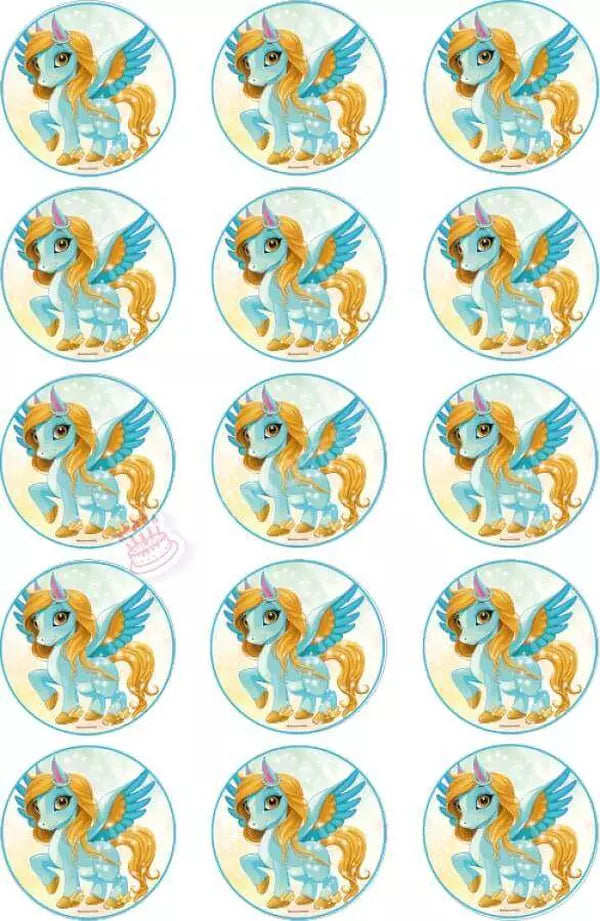 Muffinaufleger: Märchenpegasus Blau-Gold - Deintortenbild.de Tortenaufleger aus Esspapier: Oblatenpapier / 15x5cm, Oblatenpapier / 24x4cm, Zuckerpapier / 15x5cm, Zuckerpapier / 24x4cm, Fondantpapier / 15x5cm, Fondantpapier / 24x4cm