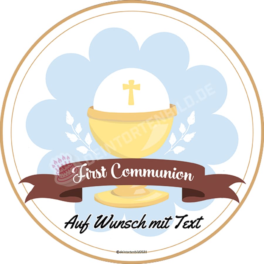 Motiv: Kommunion - Kelch und Banner - Hochwertige und individuelle Tortenaufleger für jeden Anlass
Tortenaufleger Kommunion - Kelch und Banner 20cm Kreis
Unsere Tortenaufleger sind ein ideales Geschenk - Tortenbild - DeintortenbildKommunion - Kelch und Banner