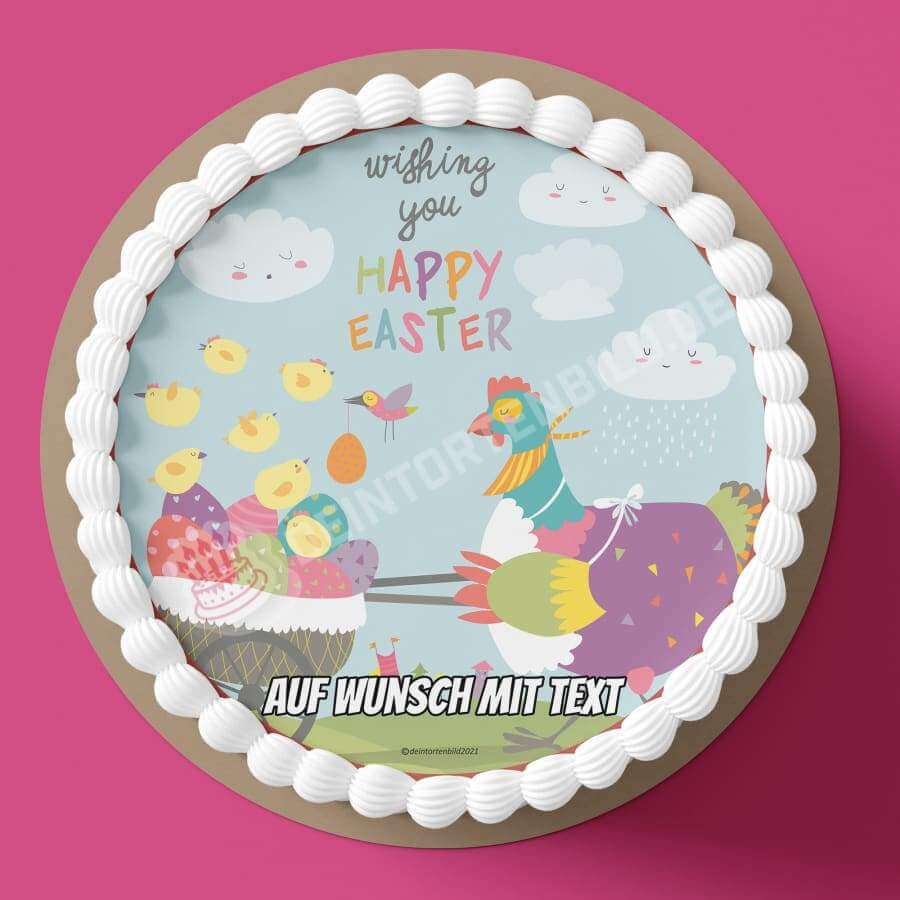 Motiv: Happy Easter - Huhn liefern Ostereier - Hochwertige und individuelle Tortenaufleger für jeden Anlass
Tortenaufleger Happy Easter - Huhn liefert Ostereier 20cm Kreis
Unsere Tortenaufleger sind ein ideales - Tortenbild - DeintortenbildHappy Easter - Huhn liefern Ostereier