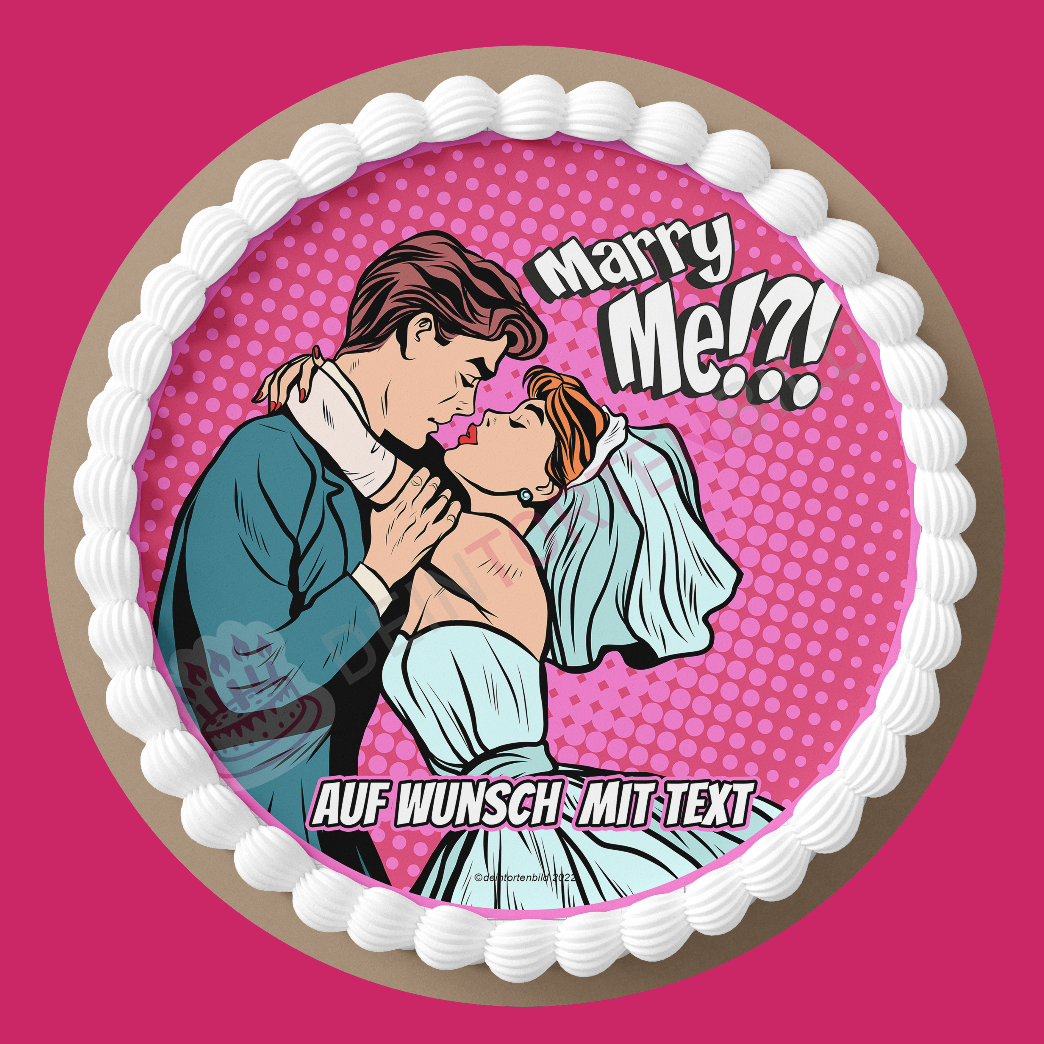 Hochzeit Pop Art Ehepaar Marry Me/Just Married - Hochwertige und individuelle Tortenaufleger für jeden Anlass
Tortenaufleger Hochzeit - Pop Art Ehepaar Marry Me/Just Married 20cm Kreis
Diese Tortenaufleger im Comi - Tortenbild - DeintortenbildHochzeit Pop Art Ehepaar Marry