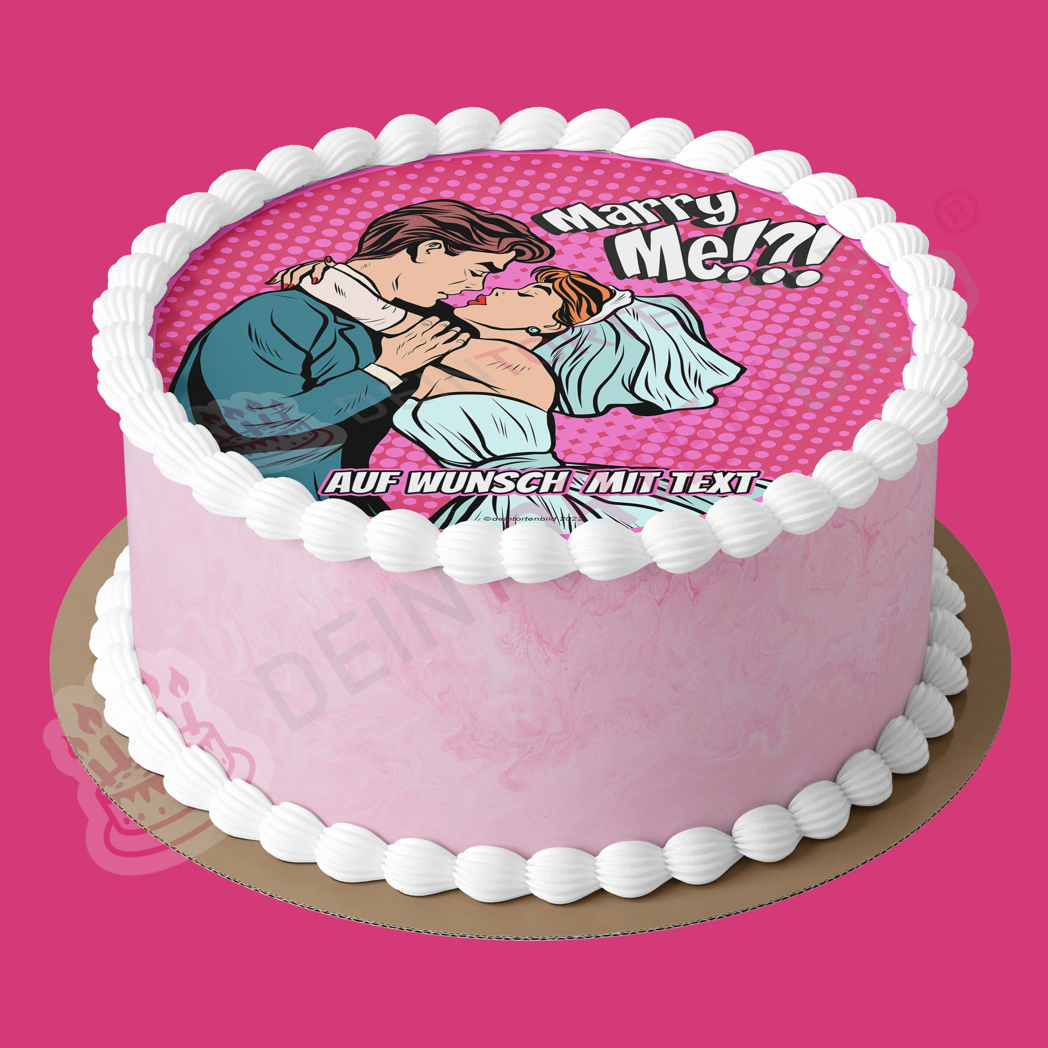 Hochzeit Pop Art Ehepaar Marry Me/Just Married - Hochwertige und individuelle Tortenaufleger für jeden Anlass
Tortenaufleger Hochzeit - Pop Art Ehepaar Marry Me/Just Married 20cm Kreis
Diese Tortenaufleger im Comi - Tortenbild - DeintortenbildHochzeit Pop Art Ehepaar Marry