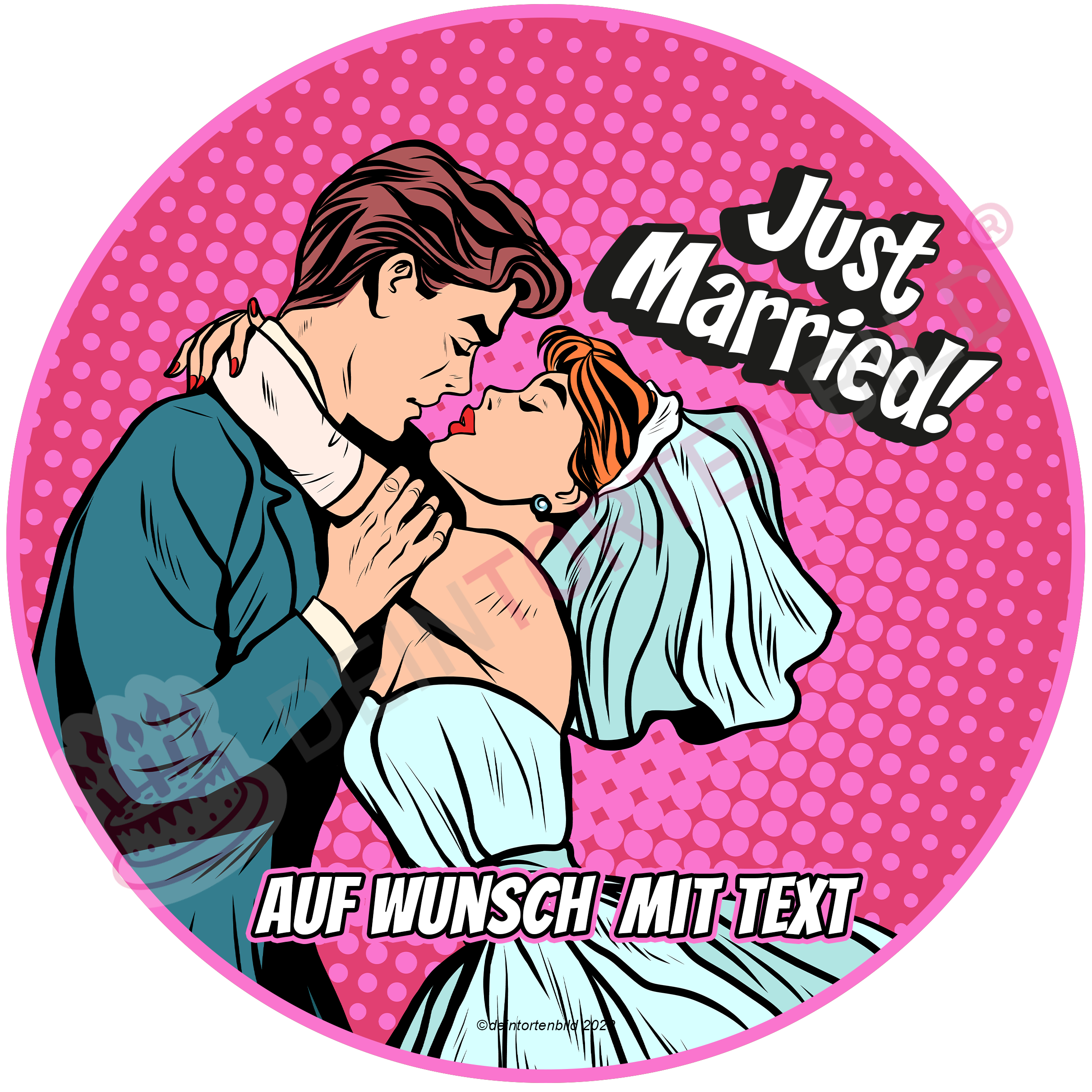 Hochzeit Pop Art Ehepaar Marry Me/Just Married - Hochwertige und individuelle Tortenaufleger für jeden Anlass
Tortenaufleger Hochzeit - Pop Art Ehepaar Marry Me/Just Married 20cm Kreis
Diese Tortenaufleger im Comi - Tortenbild - DeintortenbildHochzeit Pop Art Ehepaar Marry