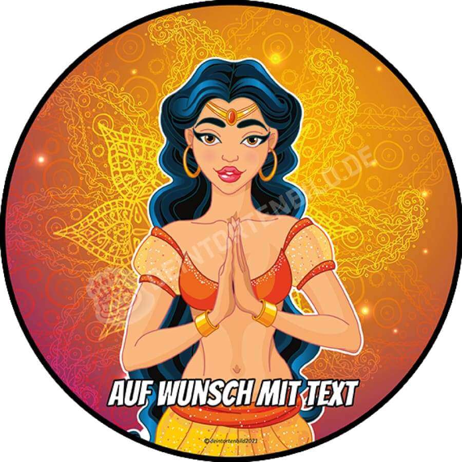 Motiv: Indische Prinzessin - Hochwertige und individuelle Tortenaufleger für jeden Anlass
Tortenaufleger Indische Prinzessin in 20cm Kreis
Eine indische Prinzessin vor dem Tempel Taj Mahal oder - Tortenbild - DeintortenbildIndische Prinzessin