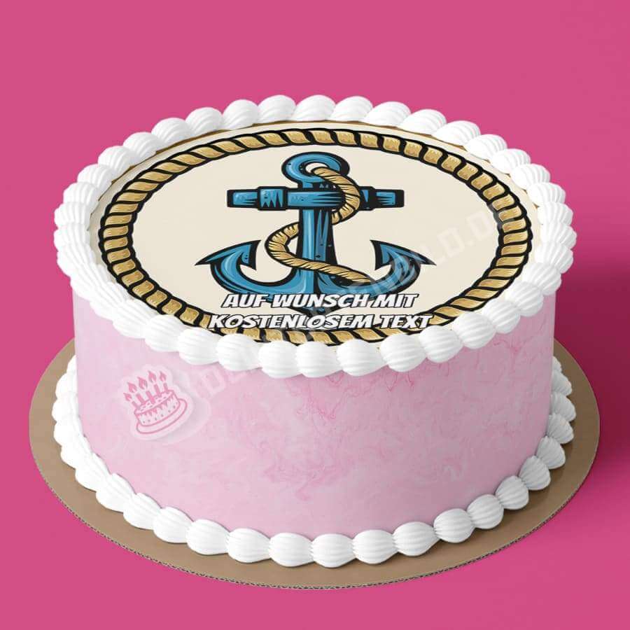 Motiv: Anker mit Seil - Hochwertige und individuelle Tortenaufleger für jeden Anlass
Tortenaufleger Anker mit Seil 20cm Kreis
Dieser Tortenaufleger mit einem blauen Anker und einem gelben - Tortenbild - DeintortenbildAnker mit Seil