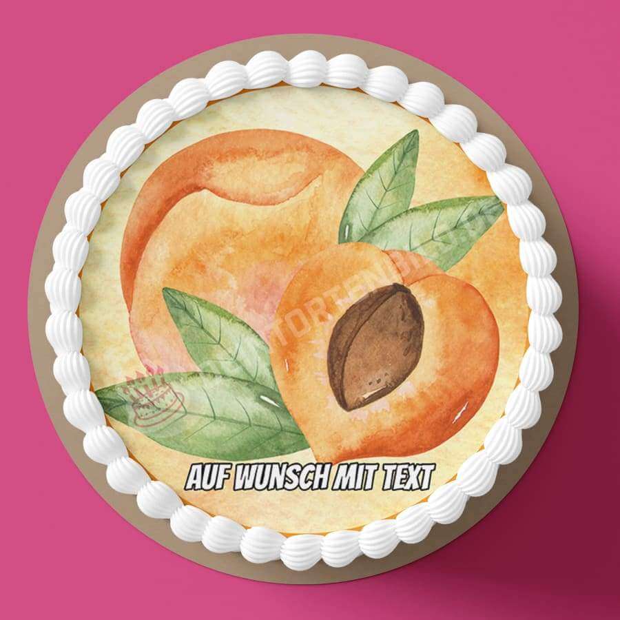 Motiv: Aprikosen - Hochwertige und individuelle Tortenaufleger für jeden Anlass
Tortenaufleger Aprikosen 20cm Kreis
Dieser Tortenaufleger mit Aprikosen und Blättern auf einem gelben H - Tortenbild - DeintortenbildMotiv