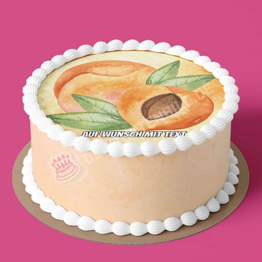 Motiv: Aprikosen - Hochwertige und individuelle Tortenaufleger für jeden Anlass
Tortenaufleger Aprikosen 20cm Kreis
Dieser Tortenaufleger mit Aprikosen und Blättern auf einem gelben H - Tortenbild - DeintortenbildMotiv