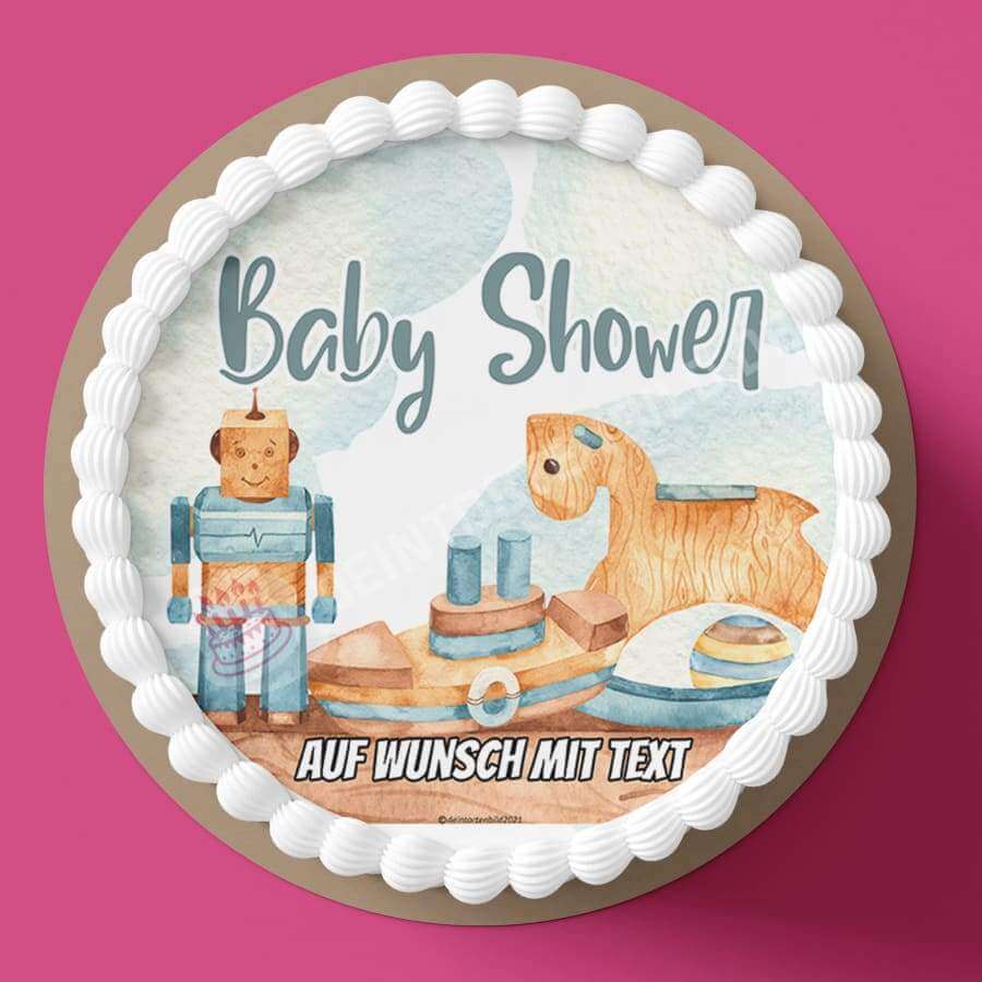 Motiv: Baby Shower - Spielzeug - Hochwertige und individuelle Tortenaufleger für jeden Anlass
Tortenaufleger Baby Shower - Spielzeug in 20cm Kreis
Dieser Tortenaufleger mit Spielzeugen und dem Spruc - Tortenbild - DeintortenbildBaby Shower - Spielzeug