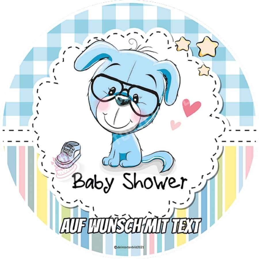 Motiv: Babyshower Hund Blau - Hochwertige und individuelle Tortenaufleger für jeden Anlass
Tortenaufleger Babyshower Hund Blau 20cm Kreis
Dieser Tortenaufleger mit einem blauen Hund mit Brille u - Tortenbild - DeintortenbildBabyshower Hund Blau