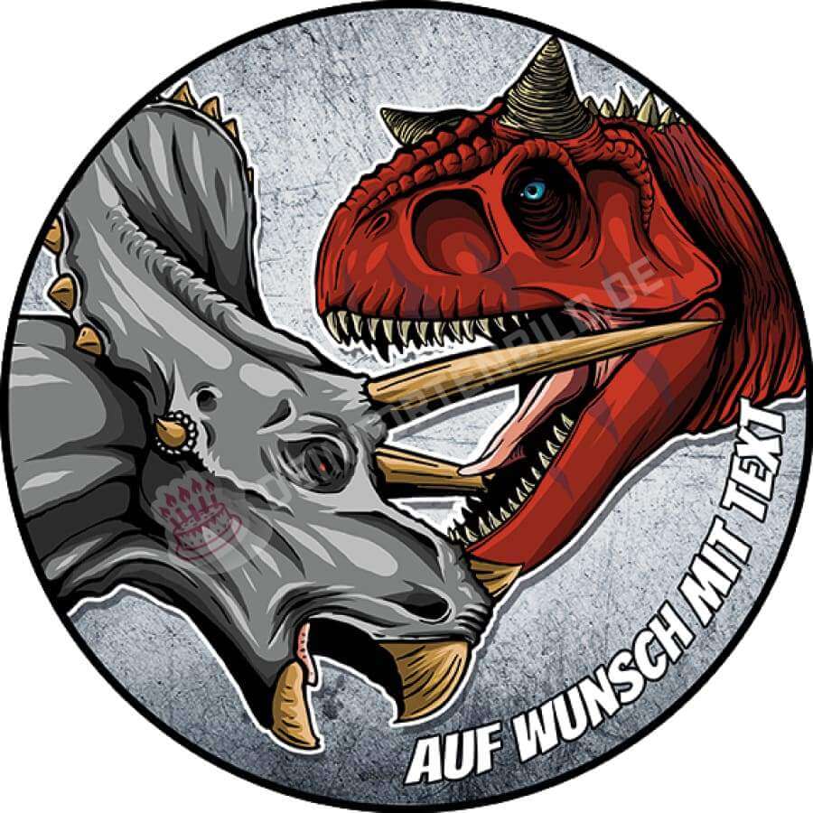 Motiv: Dino Kampf - Hochwertige und individuelle Tortenaufleger für jeden Anlass
Tortenaufleger Dino Kampf in 20cm Kreis
Dieser Tortenaufleger mit einem kämpfenden Carnotauren und Tric - Tortenbild - DeintortenbildDino Kampf