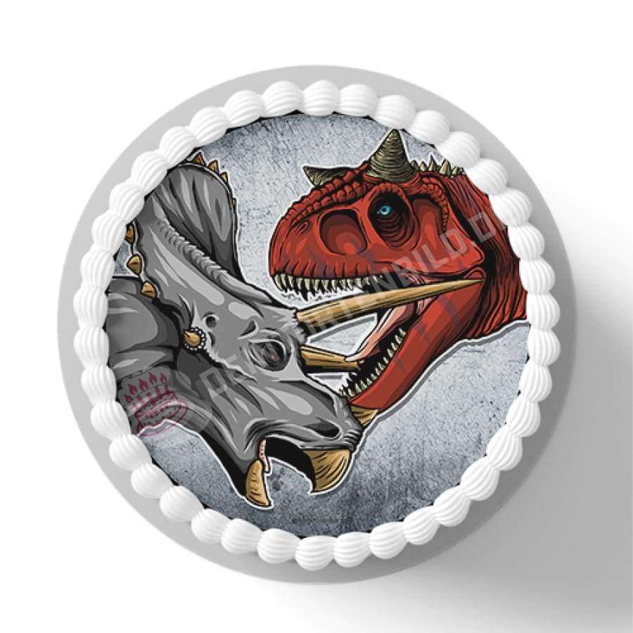 Motiv: Dino Kampf - Hochwertige und individuelle Tortenaufleger für jeden Anlass
Tortenaufleger Dino Kampf in 20cm Kreis
Dieser Tortenaufleger mit einem kämpfenden Carnotauren und Tric - Tortenbild - DeintortenbildDino Kampf