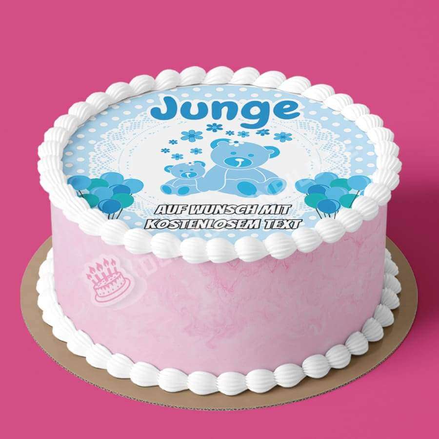 Motiv: Babyparty - Junge - Hochwertige und individuelle Tortenaufleger für jeden Anlass
Tortenaufleger Babyparty - Junge in 20cm Kreis
Dieser Tortenaufleger mit einem hellblauen Rahmen, zwei - Tortenbild - DeintortenbildBabyparty - Junge