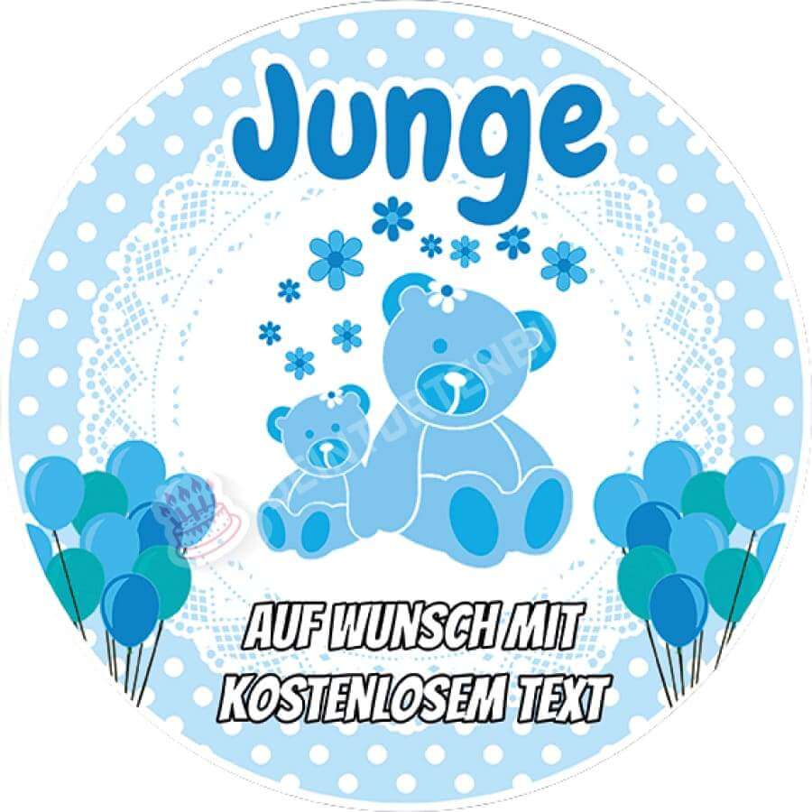 Motiv: Babyparty - Junge - Hochwertige und individuelle Tortenaufleger für jeden Anlass
Tortenaufleger Babyparty - Junge in 20cm Kreis
Dieser Tortenaufleger mit einem hellblauen Rahmen, zwei - Tortenbild - DeintortenbildBabyparty - Junge