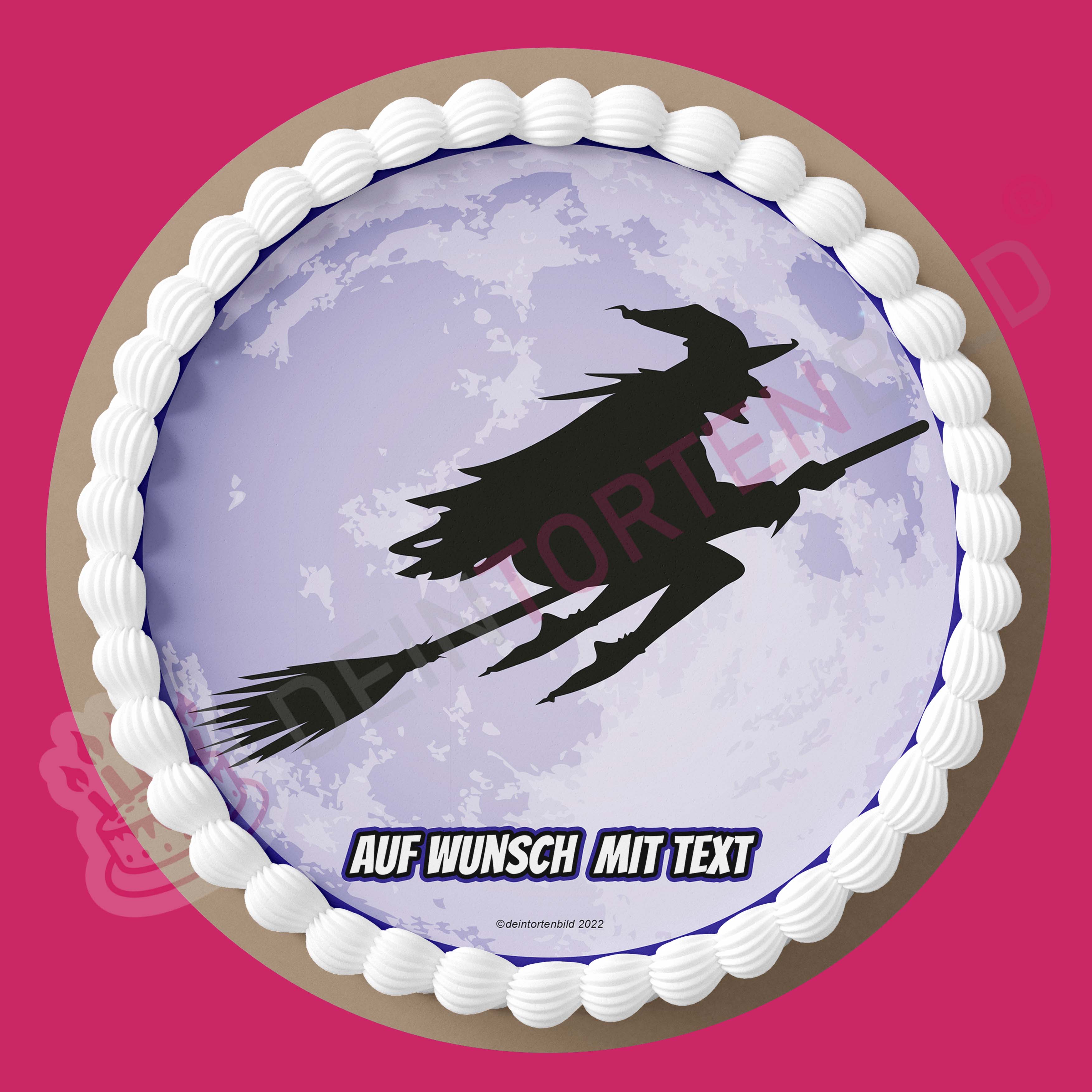 Halloween - Hexe - Hochwertige und individuelle Tortenaufleger für jeden Anlass
Tortenaufleger Hexe - 20cm Kreis
Unser Tortenaufleger mit der fliegenden Hexe vor einem Vollmond ist - Halloween - DeintortenbildHalloween - Hexe