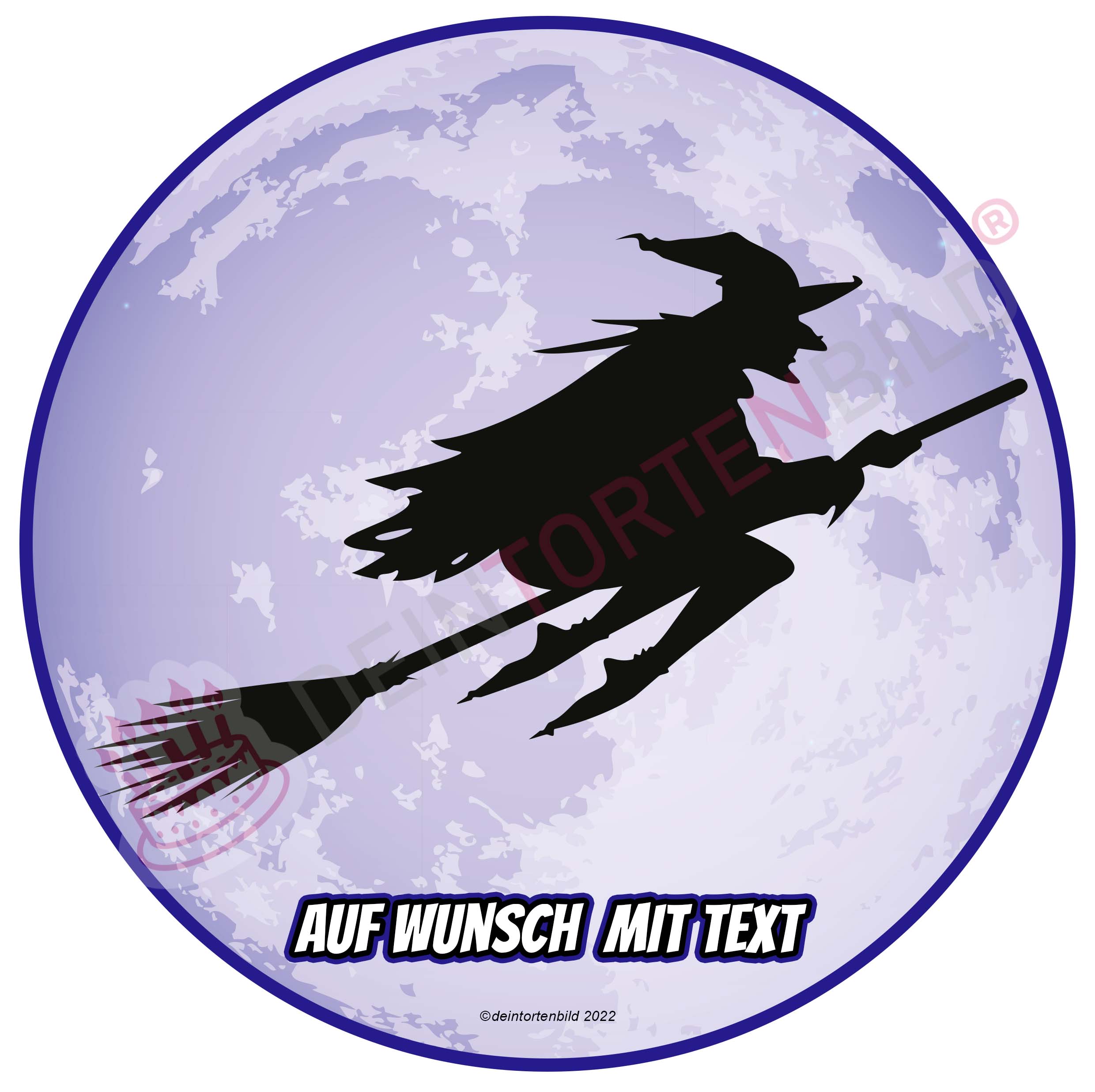 Halloween - Hexe - Hochwertige und individuelle Tortenaufleger für jeden Anlass
Tortenaufleger Hexe - 20cm Kreis
Unser Tortenaufleger mit der fliegenden Hexe vor einem Vollmond ist - Halloween - DeintortenbildHalloween - Hexe