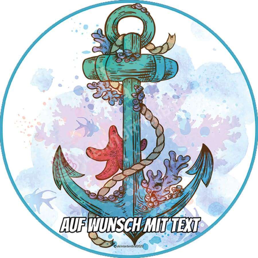 Motiv: Bunter Anker - Hochwertige und individuelle Tortenaufleger für jeden Anlass
Tortenaufleger Bunter Anker in 20cm Kreis
Dieser Tortenaufleger mit einem bunten Anker, ein Seil und ei - Tortenbild - DeintortenbildBunter Anker