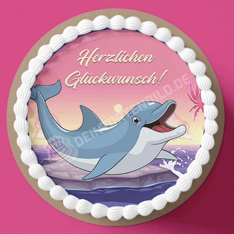 Motiv: Fröhlicher Delfin - Deintortenbild.de Tortenaufleger aus Esspapier: Oblatenpapier / Herzlichen Glückwunsch!, Oblatenpapier / Alles Gute!, Oblatenpapier / Happy Birthday, Zuckerpapier / Herzlichen Glückwunsch!, Zuckerpapier / Alles Gute!, Zuckerpapier / Happy Birthday, Fondantpapier / Herzlichen Glückwunsch!, Fondantpapier / Alles Gute!, Fondantpapier / Happy Birthday