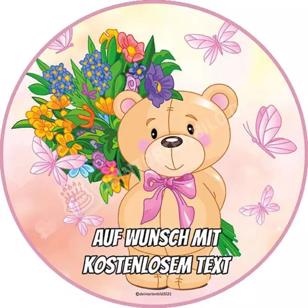 Motiv: Teddy mit Blumen - Hochwertige und individuelle Tortenaufleger für jeden Anlass
Tortenaufleger Teddy mit Blumen 20cm Kreis
Unsere Tortenaufleger sind ein ideales Geschenk für besonder - Tortenbild - DeintortenbildTeddy mit Blumen