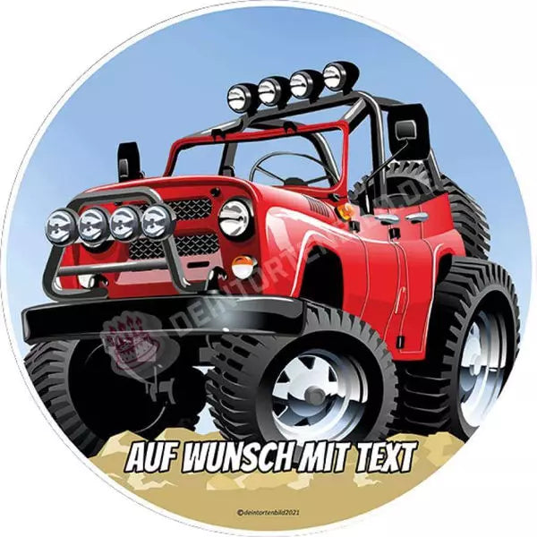 Motiv: Rotes Auto - Jeep - Hochwertige und individuelle Tortenaufleger für jeden Anlass
Tortenaufleger Rotes Auto - Jeep in 20cm Kreis
Unsere Tortenaufleger sind ein ideales Geschenk für beso - Tortenbild - DeintortenbildRotes Auto - Jeep