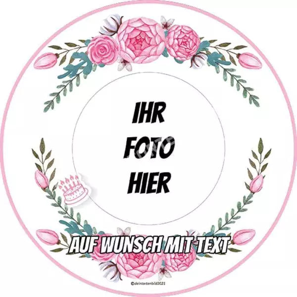 Fotomotiv: Hochzeit - Blumenrahmen - Hochwertige und individuelle Tortenaufleger für jeden Anlass
Tortenaufleger Fotomotiv Hochzeit - Blumenrahmen 20cm Kreis
Unser Tortenaufleger mit einem eleganten Bl - Tortenbild - DeintortenbildHochzeit - Blumenrahmen