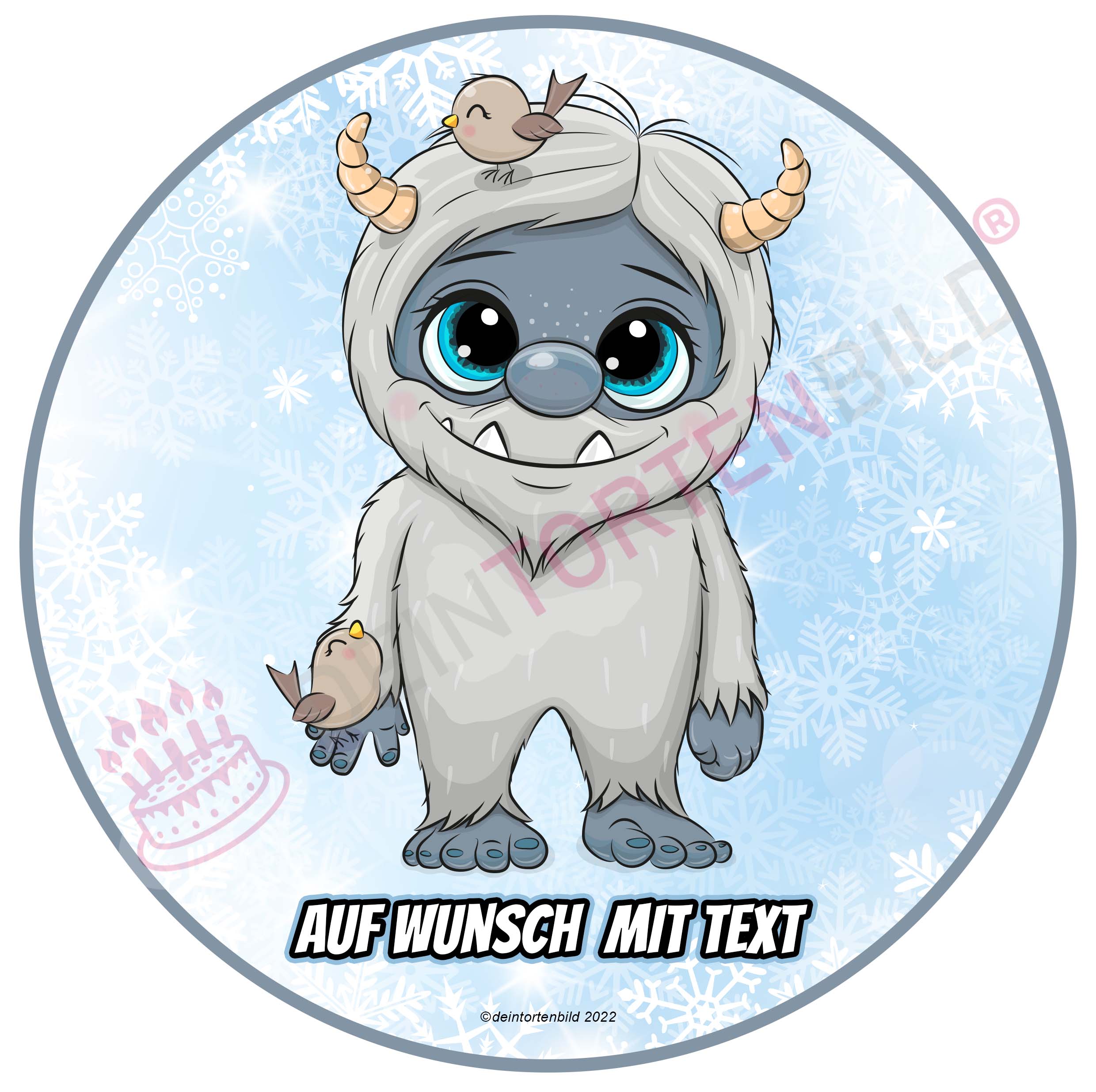 Winter/Weihnachten Yeti - Hochwertige und individuelle Tortenaufleger für jeden Anlass
Tortenaufleger Yeti - 20cm Kreis
Unser Tortenaufleger mit dem süßen Yeti vor einem Schneeflocken Hint - Winter - DeintortenbildWinter/Weihnachten Yeti