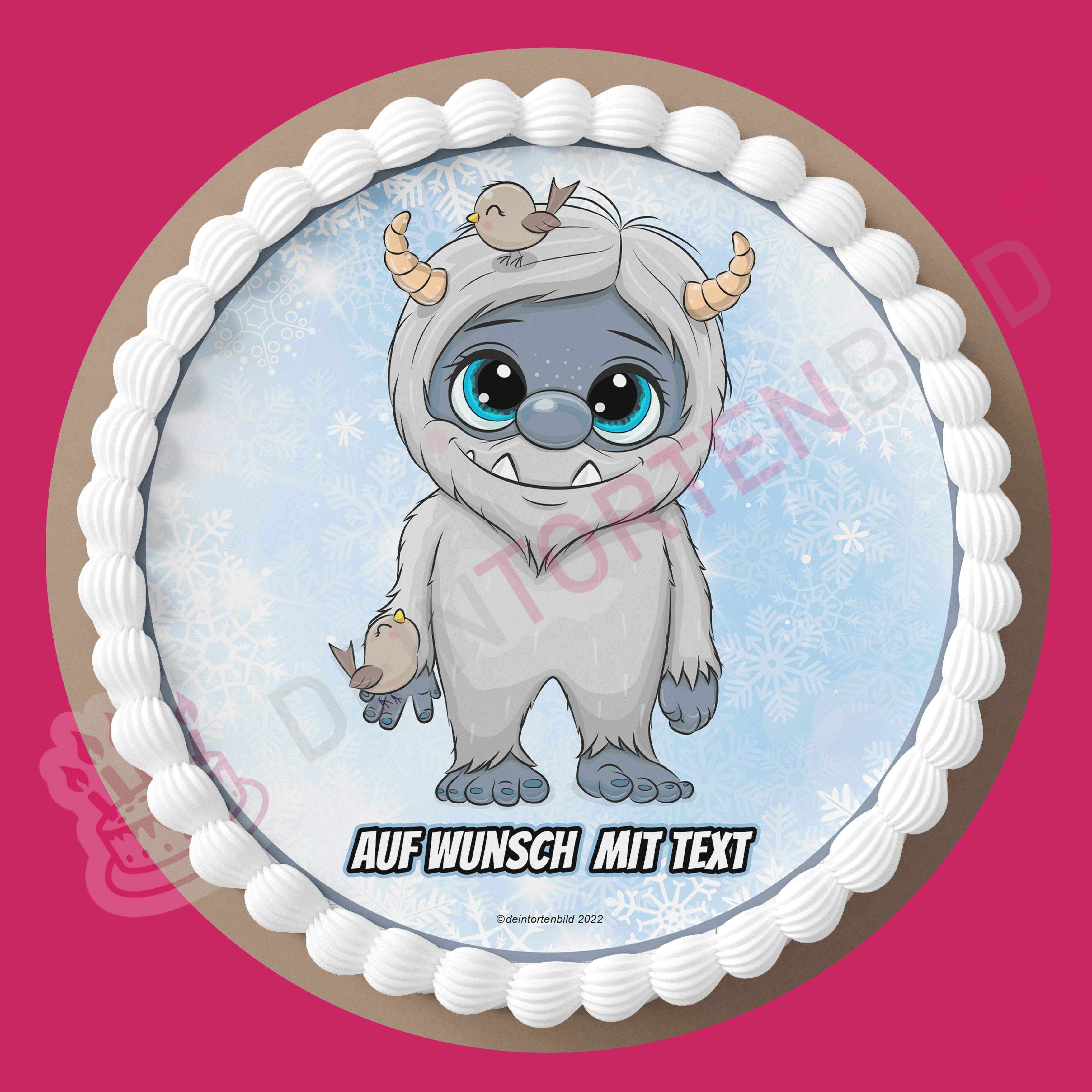 Winter/Weihnachten Yeti - Hochwertige und individuelle Tortenaufleger für jeden Anlass
Tortenaufleger Yeti - 20cm Kreis
Unser Tortenaufleger mit dem süßen Yeti vor einem Schneeflocken Hint - Winter - DeintortenbildWinter/Weihnachten Yeti