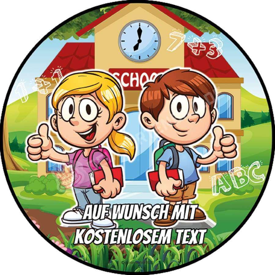 Motiv: Einschulung - Kinder vor Schule - Hochwertige und individuelle Tortenaufleger für jeden Anlass
Tortenaufleger Einschulung - Kinder vor Schule in 20cm Kreis 
Unsere Tortenaufleger sind ein ideales Ges - Tortenbild - DeintortenbildEinschulung - Kinder vor Schule