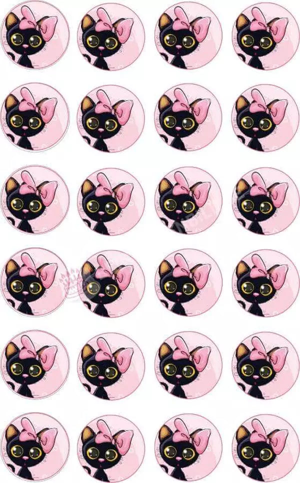 Muffinaufleger Motiv: Schwarze Katze mit rosa Schleifchen - Deintortenbild.de Tortenaufleger aus Esspapier: Oblatenpapier / 15x5cm, Oblatenpapier / 24x4cm, Zuckerpapier / 15x5cm, Zuckerpapier / 24x4cm, Fondantpapier / 15x5cm, Fondantpapier / 24x4cm