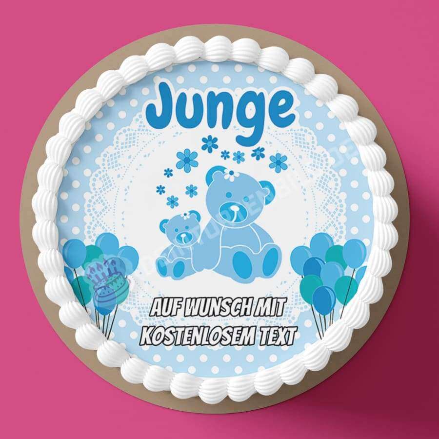 Motiv: Babyparty - Junge - Hochwertige und individuelle Tortenaufleger für jeden Anlass
Tortenaufleger Babyparty - Junge in 20cm Kreis 
Dieser Tortenaufleger mit einem hellblauen Rahmen, zwei  - Tortenbild - DeintortenbildBabyparty - Junge