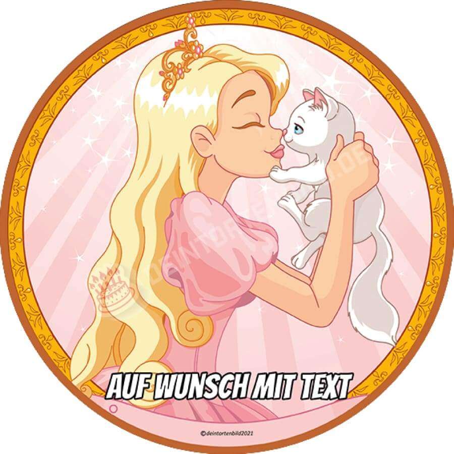 Motiv: Prinzessin kuschelt mit Katze - Hochwertige und individuelle Tortenaufleger für jeden Anlass
Tortenaufleger Prinzessin kuschelt mit Katze in 20cm Kreis 
Ein Aufleger mit einer Prinzessin und einer  - Tortenbild - DeintortenbildPrinzessin kuschelt mit Katze