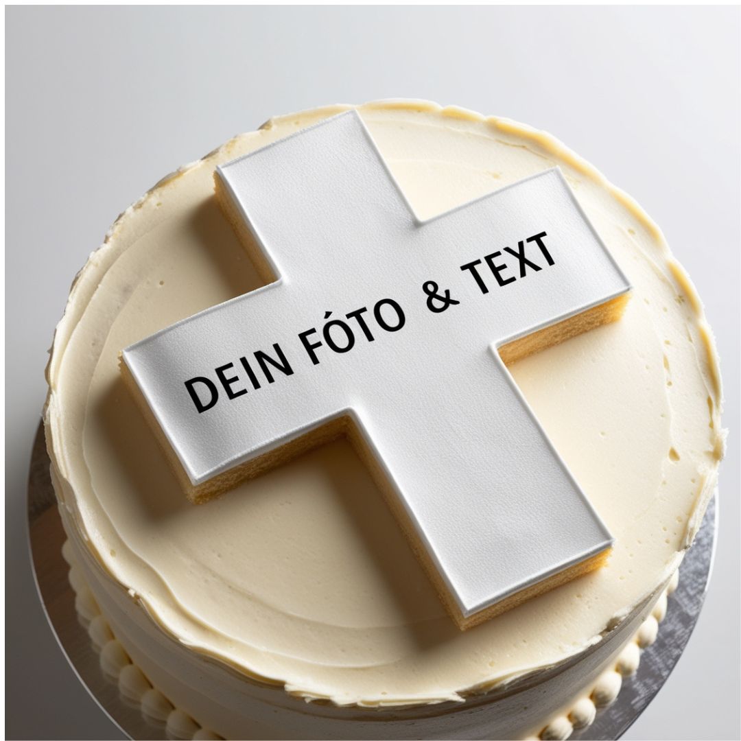 Runde Torte mit weißem Kreuz und DEIN FOTO & TEXT für individuelle tortenaufleger