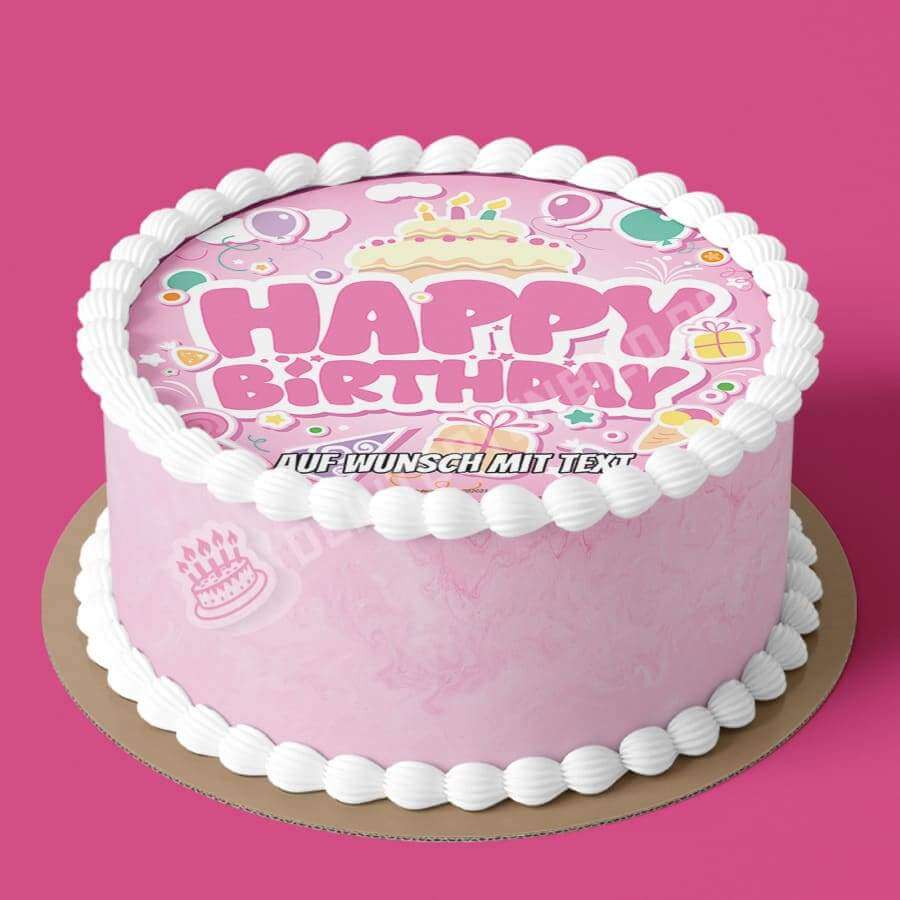 Motiv: Geburtstag - Happy Birthday Rosa - Deintortenbild.de Tortenaufleger aus Esspapier: Oblatenpapier, Zuckerpapier, Fondantpapier