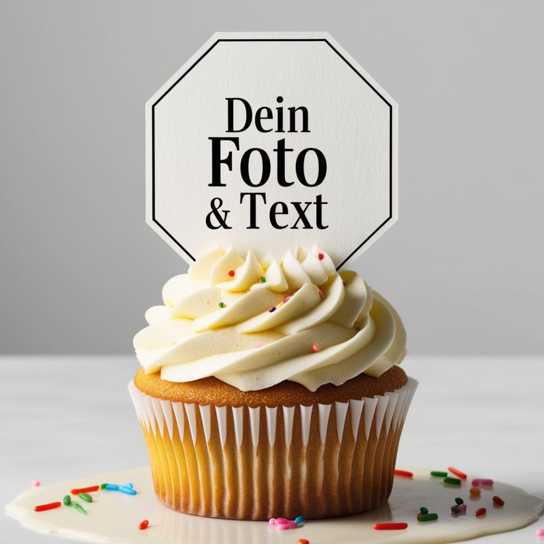 Cupcake mit weißem Frosting und individueller muffinaufleger achteckig für tolle Fotos