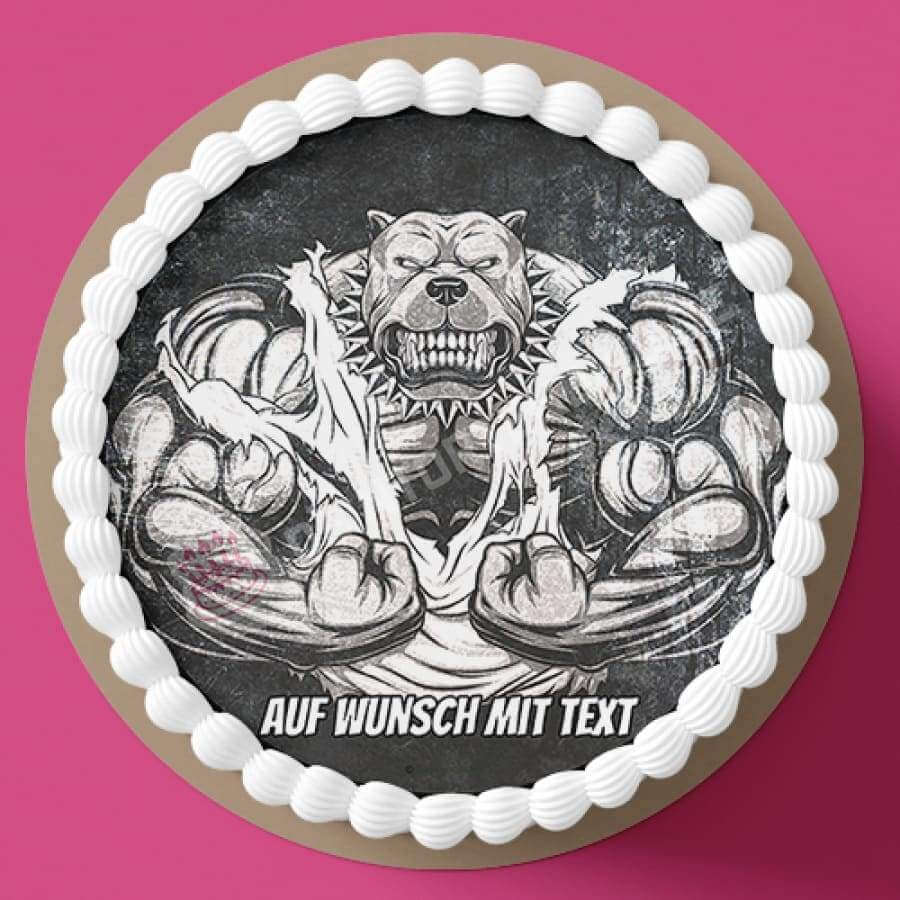 Motiv: Bulldogge Sport Fitness - Hochwertige und individuelle Tortenaufleger für jeden Anlass
Tortenaufleger Bulldogge Sport Fitness in 20cm Kreis 
Dieser Tortenaufleger mit einer wütenden Bulldogge - Tortenbild - DeintortenbildBulldogge Sport Fitness