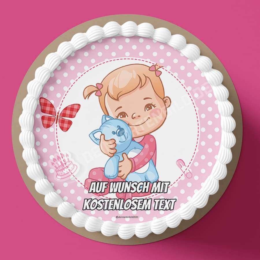 Motiv: Babyparty - Mädchen mit Stofftier von Deintortenbild – Tortenaufleger, Tortenfoto, Tortenbild, personalisiert & individuell bei Deintortenbild.de