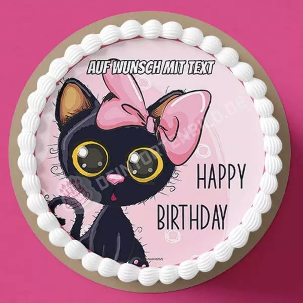 Motiv: Schwarze Katze mit rosa Schleifchen - Deintortenbild.de Tortenaufleger aus Esspapier: Oblatenpapier / Mit "Happy Birthday" Schriftzug, Oblatenpapier / Ohne "Happy Birthday Schriftzug, Zuckerpapier / Mit "Happy Birthday" Schriftzug, Zuckerpapier / Ohne "Happy Birthday Schriftzug, Fondantpapier / Mit "Happy Birthday" Schriftzug, Fondantpapier / Ohne "Happy Birthday Schriftzug