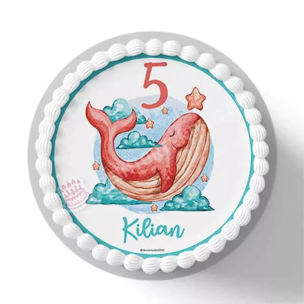 Motiv: Roter Wal - Name und Zahl anpassbar - Deintortenbild.de Tortenaufleger aus Esspapier: Oblatenpapier, Zuckerpapier, Fondantpapier